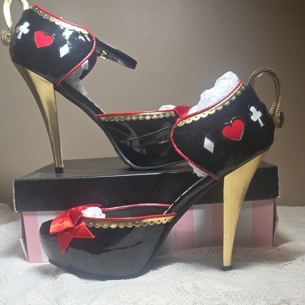 Leg Avenue Black Patent High Heels with Red Accents & Gold Heels